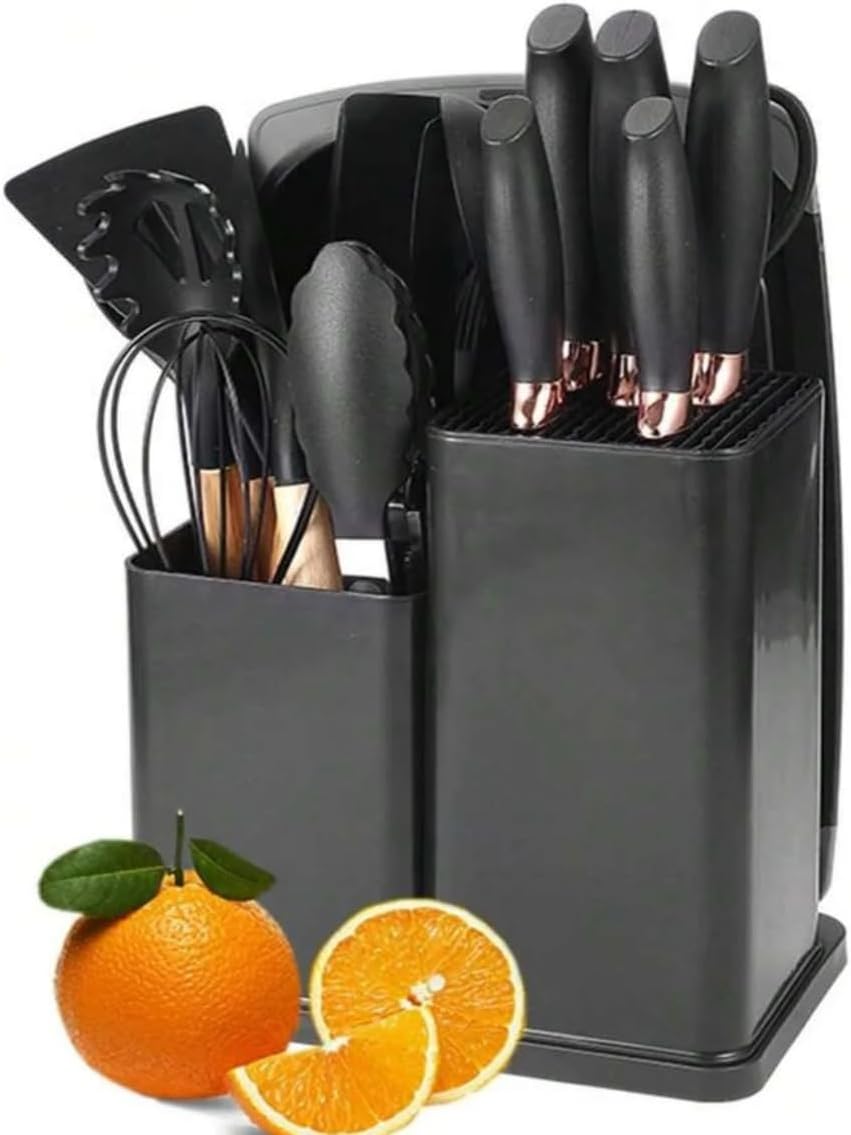Kitchen Utensil Set with Holder, 19-Piece Silicone Cooking Tools, Wooden Handles, Available in White, Grey, Pink,Black (Black)