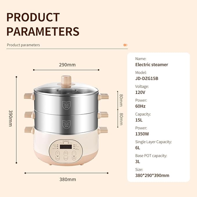 Joydeem Electric Food Steamer for Cooking, 2-Tier Stainless Steel Vegetable & Food Steamers, 15L/15.9 qt Large Capacity, JD-DZG15B