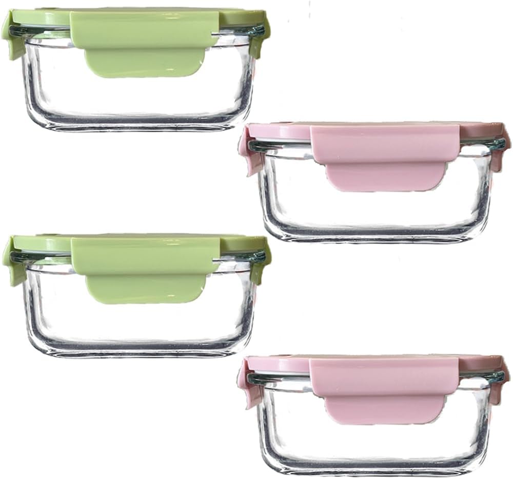 Square Glass Food storage Containers with Airtight Lids, 2 cup Food Meal Prep Containers, Square Glass Bowl For Lunch Sandwich Fruit Snack, Dishwasher Microwave Freezer Safe- (Pink+Green)