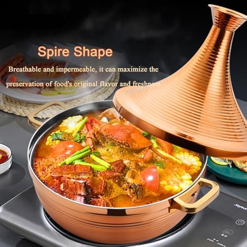 Large Stainless Steel Moroccan Tagine Pot - 30cm Non-Stick Casserole with Cone Lid & 2 Handles - Elegant Gold Cooking Pot for Authentic Moroccan Dishes