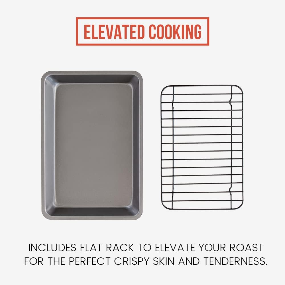 Chef Pomodoro Nonstick Carbon Steel Small Roasting Pan with Rack, Roasting Pan for Countertop Oven Baking, Single Serving, Grey (Mini)