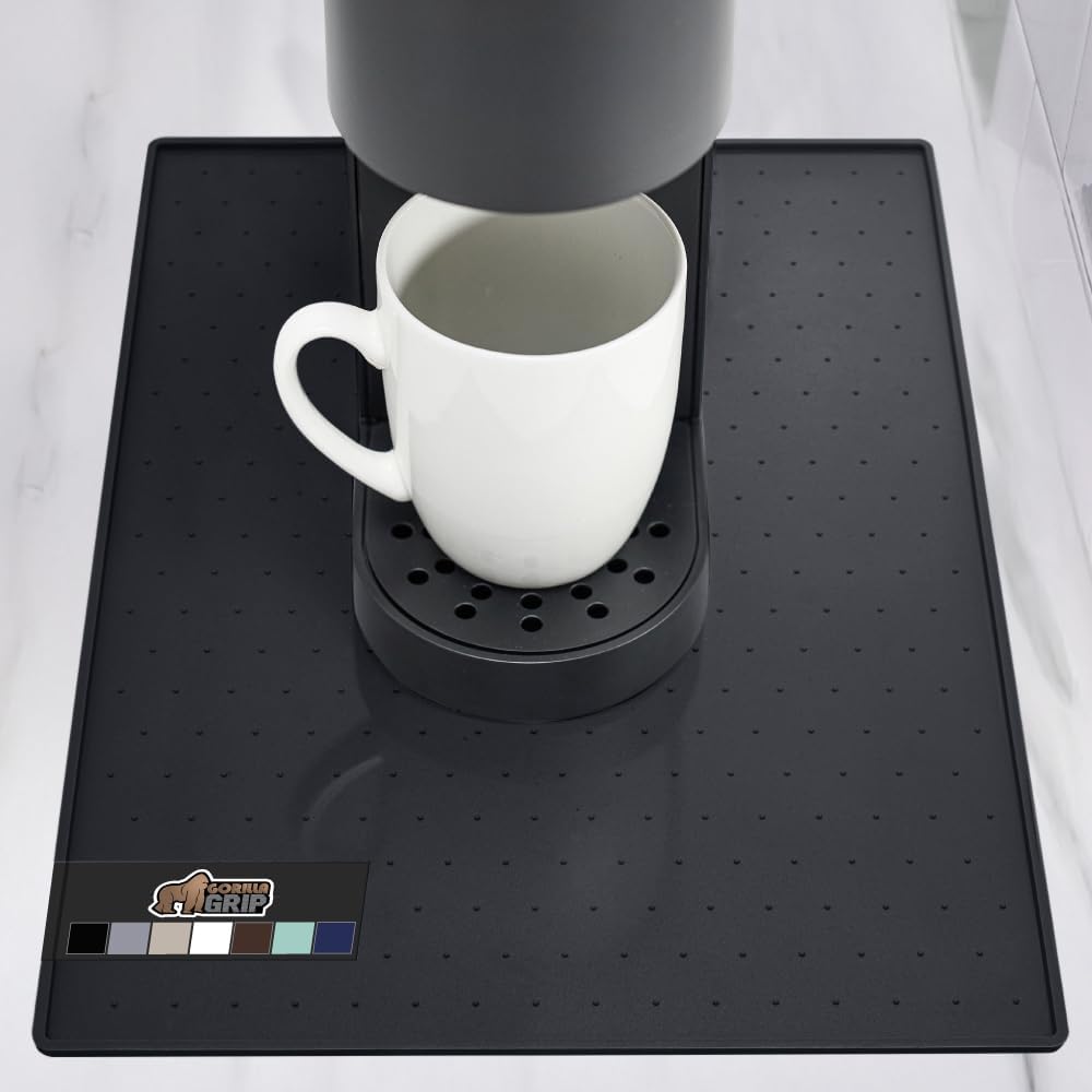 GORILLA GRIP Silicone Coffee Mat, Espresso Drink Bar Station Accessories, Waterproof Heat-Resistant Dish Drying Mats, Stay in Place on Kitchen Counter, Home Kitchen Decor Essentials, 10x14, Black