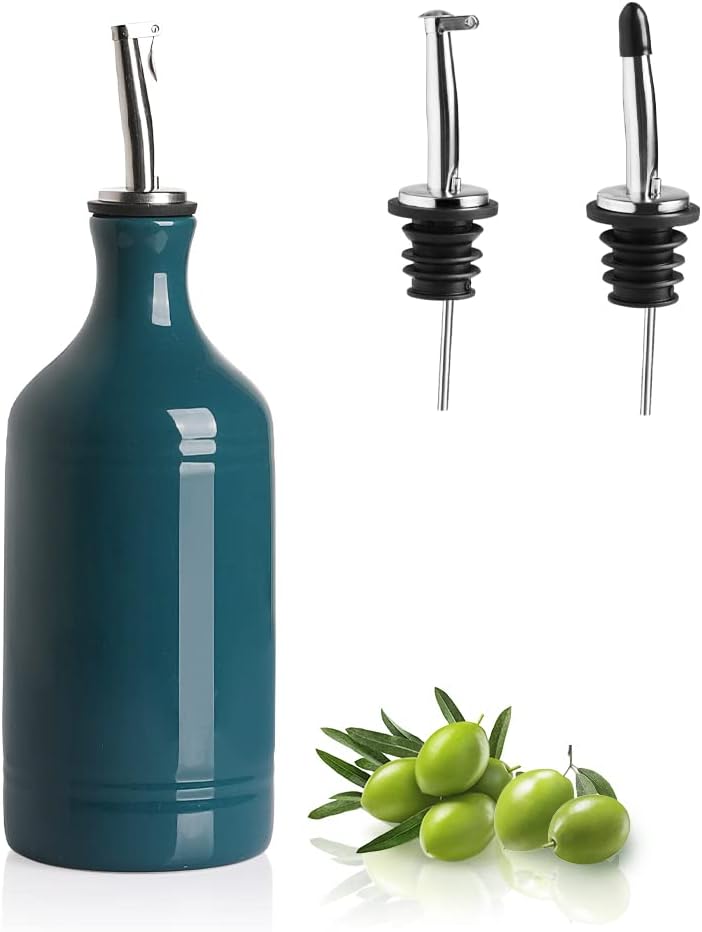 Sweejar Ceramic Olive Oil Dispenser Bottle, Opaque Oil Cruet Protects Oil to Reduce Oxidation, Suitable for Storage Oil, Vinegar, Coffee Syrups & Other Liquids, Pack of 1, 15.5 Fl Oz (Teal Green)