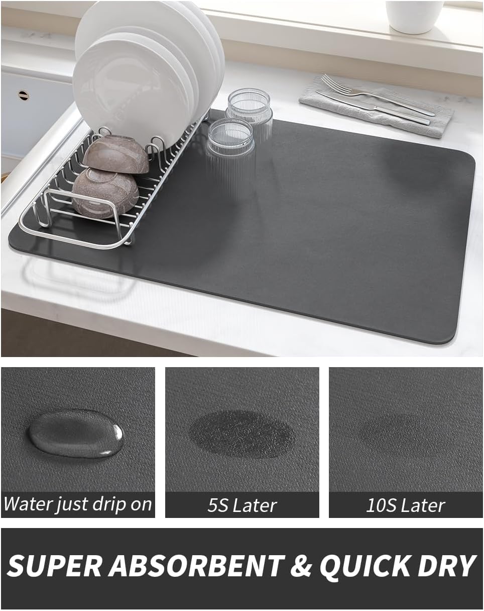 AMOAMI Dish Drying Mat for Kitchen Counter-Coffee Mat Bar Accessories, Hide Stain, Rubber Backed, Absorbent, Fit Under Coffee Maker, Espresso Machine, Pot, Dish Rack, 12"x19", Dark Grey