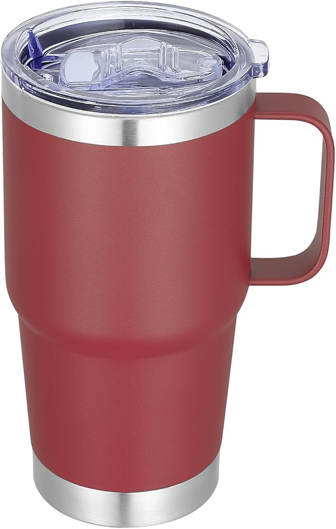 20 oz Stainless Steel Tumbler with Handle Metal Insulated Coffee Travel Mug with Handle Double Wall Tumbler Cup with Lid and Straw, Wine Red 1 Pack