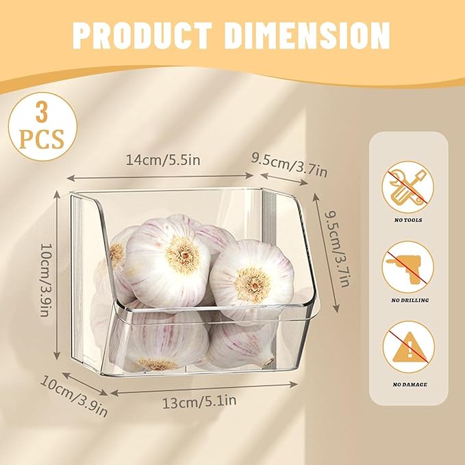 3 Pack Wall Mounted Storage Organizer Bins, Floating Shelves Fridge Organizer Storage Bins, Stackable Organizer Basket for Wall, Refrigerator, Kitchen, Bathroom, Countertops, Pantry (Clear)