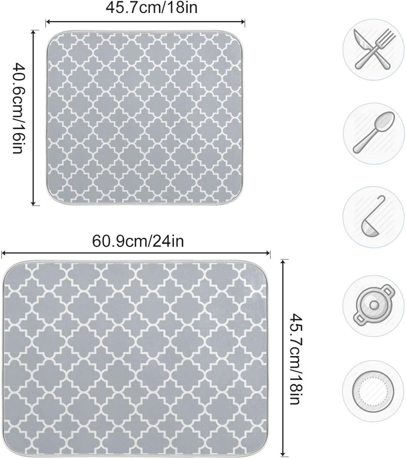 senya Super Absorbent Dish Drying Mat, Microfiber Fast-Drying Dish Mat, 16'' x 18'', Kitchen Dish Drying Pad, Grey Moroccan, 16x18in