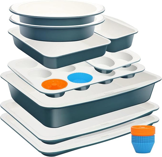 Ceramic Nonstick Baking Pans Set, Non Toxic 33 PCS Stackable Bakeware Sets, 550°F Oven Safe Baking Sheet & Pans, Warp-Free, Dishwasher Safe, PTFE/PFOA/PFOS-Free (Blue)