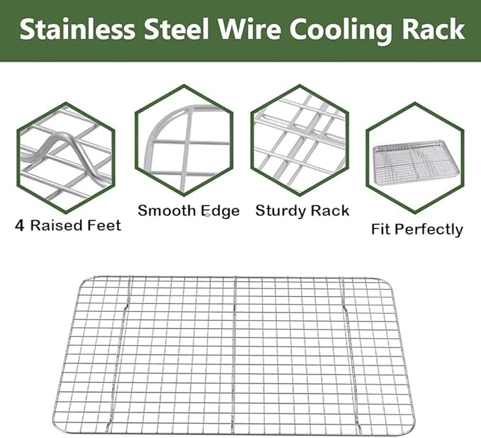 ROTTAY Quarter Baking Sheet Pan with Wire Rack Set [2 Pans + 2 Racks], Stainless Steel Cookie Sheet for Oven, Warp Resistant & Heavy Duty & Rust Free, Size 12 x 10 x 1 Inches