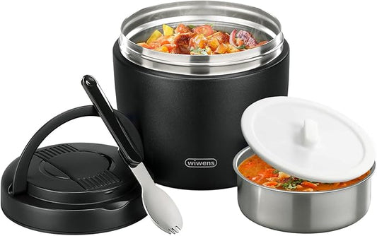 wiwens Thermo Food Jar for Hot Food Adults 32OZ Soup Thermo Lunch Containers Wide Mouth Vacuum Insulated Stainless Steel Leakproof Bento Box with Spoon (Black)