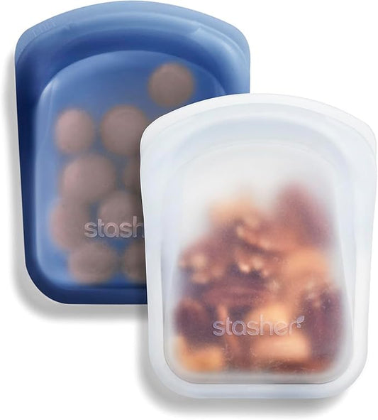 Stasher Silicone Reusable Storage Bag, Pocket Bags 2-Pack, Microwave, Dishwasher, Oven Safe, Sous Vide, Eco Friendly, Leak-free, Food-safe Silicone Snack Bags for Travel, 4 oz, Clear & Deep Ocean | Reusable Food Bags