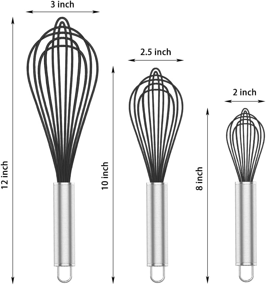 Silicone Whisk,3 pack Professional whisks for cooking non scratch,Stainless Steel & Silicone wisk,plastic rubber whisk for nonstick cookware,small silicone whisk set,black