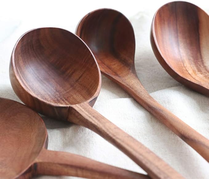 FJNATINH Wooden Soup Ladle Set, Kitchen Spoon Set Utensils, 4 Pcs Handmade Natural Teak Cooking Spoons, Long Handle Wooden Soup Ladle Spoon