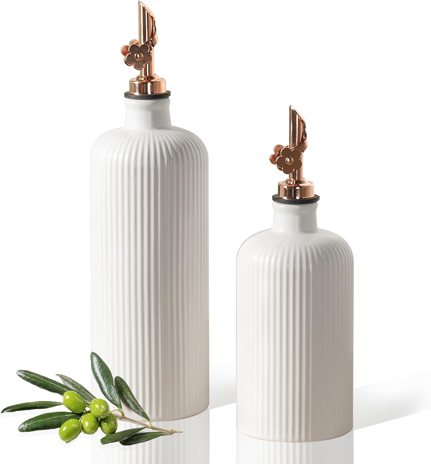 Dizada Olive Oil Dispenser Bottle for Kitchen, (22 Oz+14 Oz) Ceramic Olive Oil and Vinegar Bottles Dispenser with Stainless Steel Spout, Set of 2