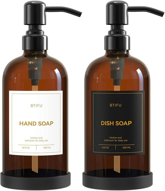 Kitchen Soap Dispenser Set – 16.8oz/500ml Glass Hand and Dish Soap Dispenser with Stainless Steel Pumps & Non-Slip Silicone Base, Luxury Countertop Decor for Home, Airbnb, Hotel (Amber & Black)