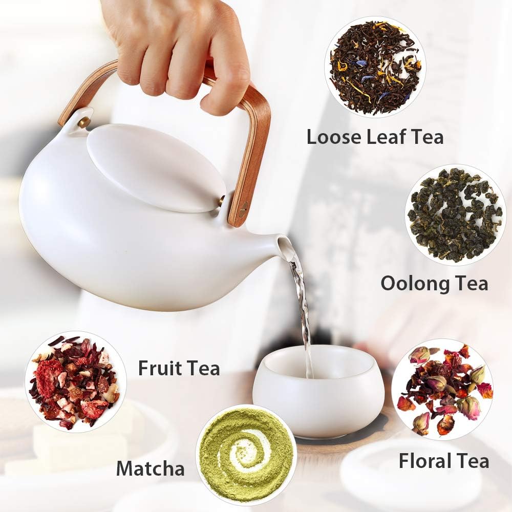 ZENS Teapot with Infuser, Ceramic Japanese 2cup Teapot for Loose Leaf Tea, 800ml Small Matte White Porcelain Tea Pot Gift with Modern Bentwood Handle