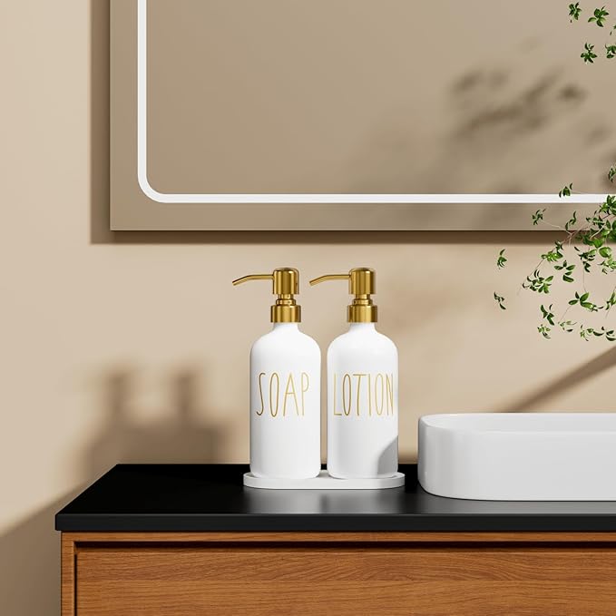 MOMEEMO Bathroom Soap Dispenser Set, Contains Lotion and Hand Soap Dispenser, Suitable for Bathroom Decor. (White)