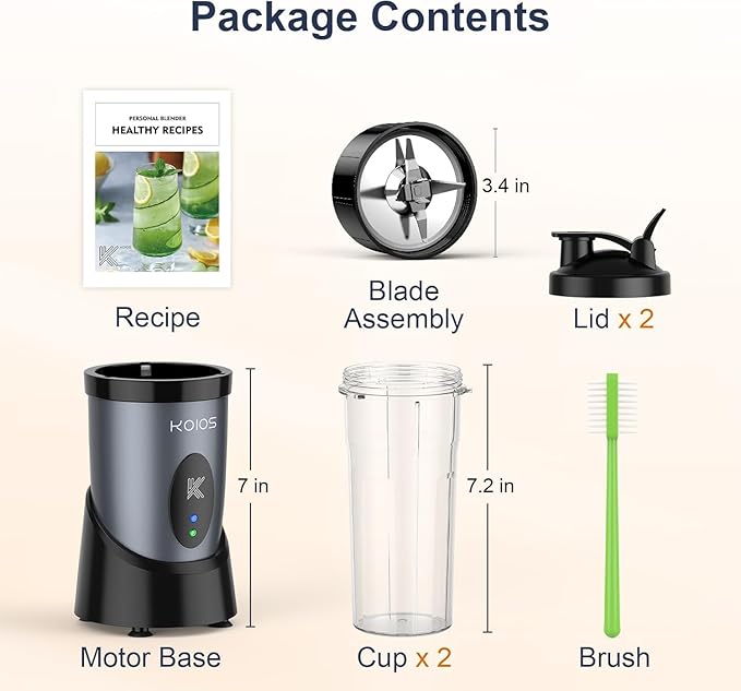 KOIOS Smoothie Blender, 900W Personal Blender for Shakes and Smoothies for Kitchen with 2 Portable Cups 22oz, Single Serve Smoothies Maker Mixer for Juices, Nutritious Recipe, Grey Blue