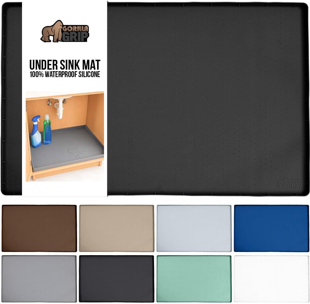 GORILLA GRIP Waterproof Silicone Under Sink Mat with Raised Lip for Kitchen and Bathroom, 46 x 22 in, Cabinet Shelf Liner Stay in Place Mats Dishwasher Safe Drawer Liner, Organizer Tray, Black