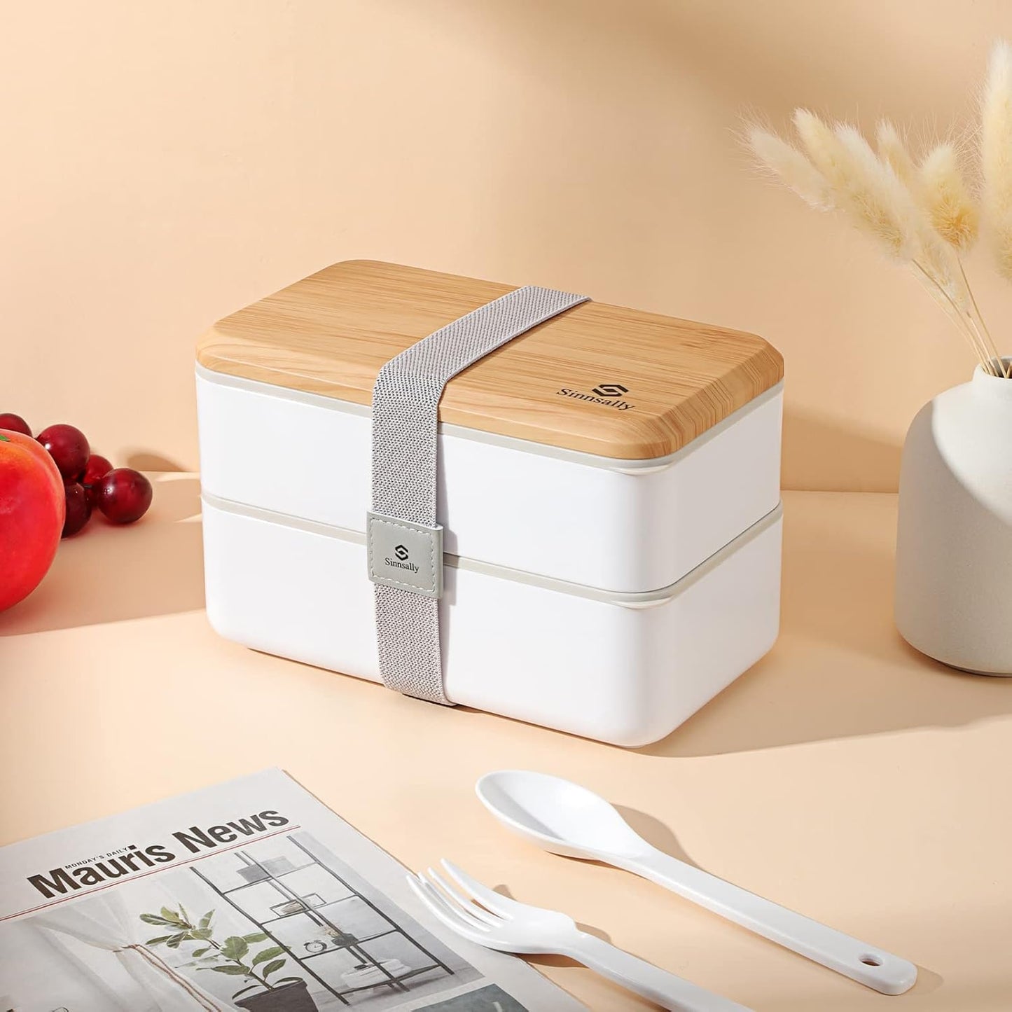 Sinnsally Lunch Box for Adult,1400ml Stackable Japanese Bento Lunch Box for Women,Lunch Containers with Food Compartments,Rectangle Bento Box with Cutlery Set,Leak-proof,Microwave Safe (White)