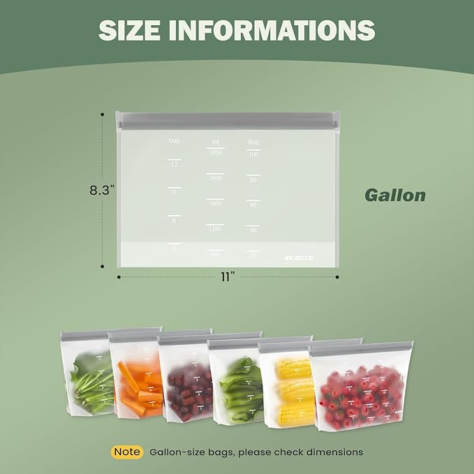 IDEATECH Reusable Bags Dishwasher Safe, BPA Free Reusable Gallon Freezer Bags, Stand Up Leakproof Food Storage Bags for Marinate Meats, Salad Fruit, Vegetables, Home Organization -Gray 6 Gallon