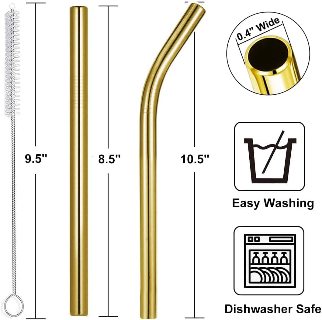 Vinaco 8.5" and 10.5" Big Smoothie Straws & Milkshake Straws, 6 Pack Food-grade Stainless Steel Straws 0.4" Wide Mouth Straw for Smoothie, Milkshakes, Thick Drinks, Gold Metal Straws Reusable