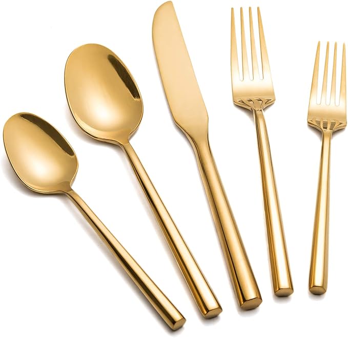 Silverware Set Flatware Set Shiny Gold Cutlery Set with Hexagon Handle Forged Stainless Steel Heavy 20 Pieces For Home Hotel Use Service for 4