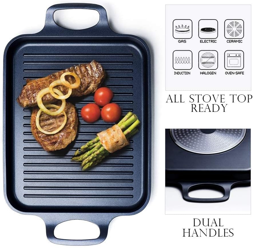S·KITCHN Nonstick Grill Pan, Induction Stove Top Grill Plate, Glass Grilling Pan for Indoor, Gas Range Grill Panel/Skillet