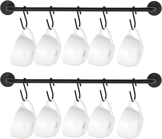 Mkono Mug Holder Wall Mounted Coffee Cup Rack Hanger Modern Metal with 10 Mug Hooks Rustic Utensil Tea Cups Storage Organizer for Kitchen Dining Room Coffee Bar, Set of 2, Black