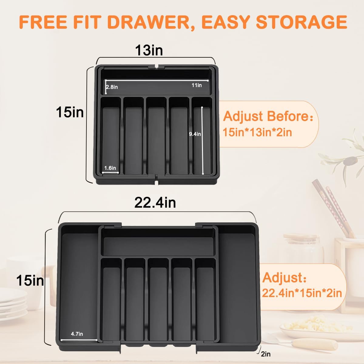 Silverware Drawer Organizer - Expandable Deep Utensil Organizer for Kitchen Drawers(13"-22.4" x 15", Black)