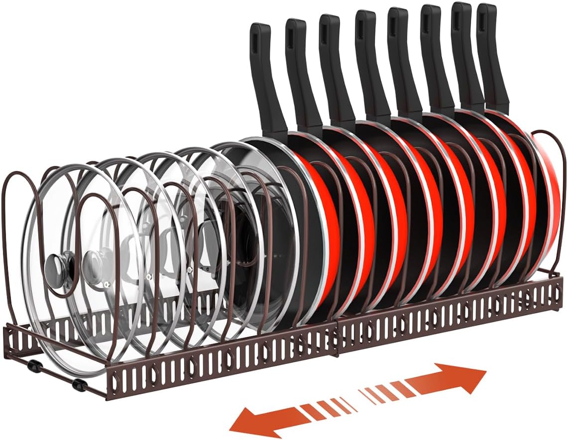 Housolution Pot and Pan Organizer Rack for Cabinet, Expandable Pot Lid Organizer with 14 Adjustable Dividers, Pan Holder Storage Rack for Kitchen Cabinet, Bronze