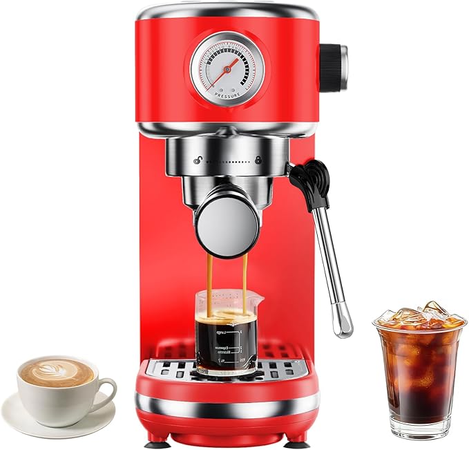 atatix 20 Bar Espresso Machine with Milk Frother, Compact Espresso Maker, Stainless Steel Coffee Machine with Precise Temp Control & 44oz Removable Water Tank for Latte, Cappuccino, Red