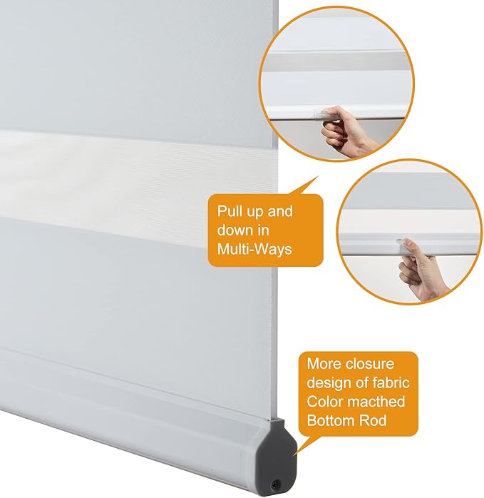 Persilux Zebra Blinds for Windows, Dual Layer Zebra Roller Shades (45" W x 72" H, White) Light Filtering Sheer Shades, Easy to Install, Cordless Room Darkening Roller Blinds for Office