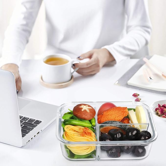 M MCIRCO [5-Pack,36 oz] Glass Meal Prep Containers 3 Compartment with Lids, Glass Lunch Containers,Food Prep Lunch Box,Bento Box, Microwave, Oven, Freezer, Dishwasher (4.5 Cups, White)