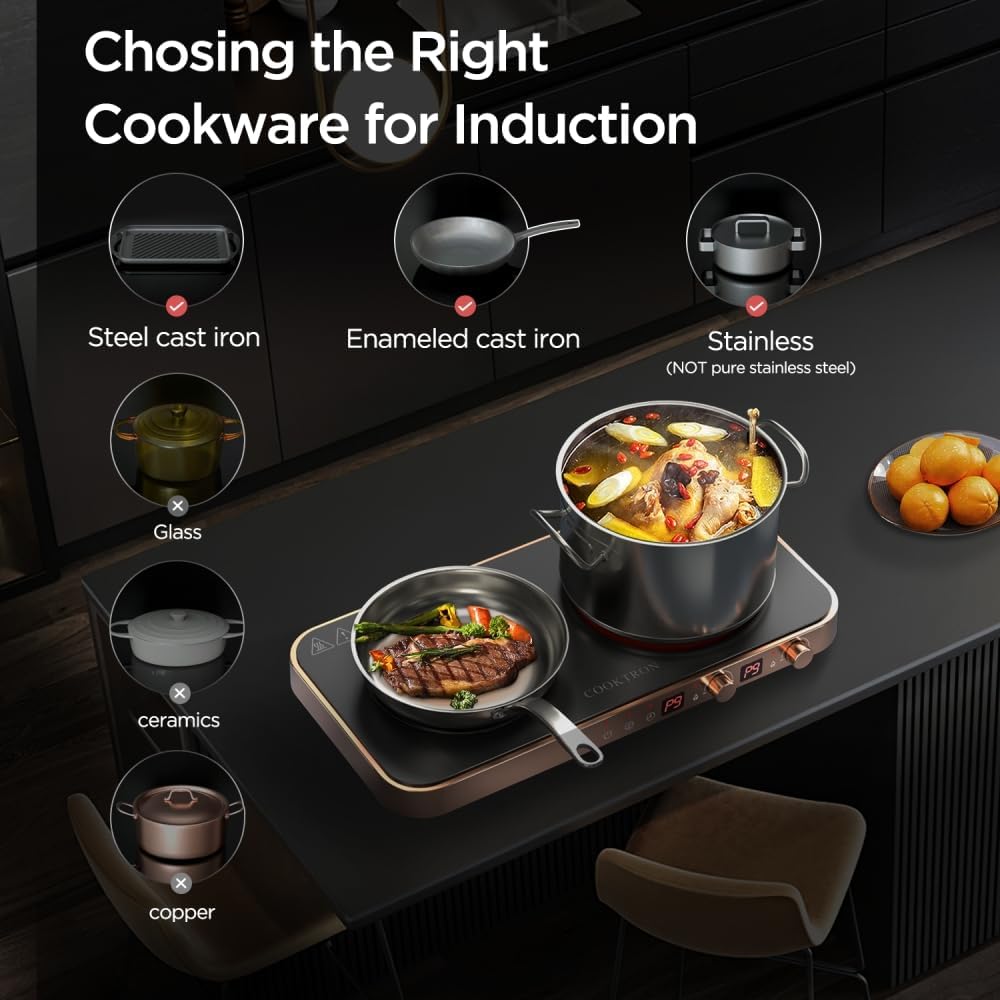 Portable Compact 2 Burner Induction Cooktop Electric Stove w/Smokeless Cast Iron Griddle Grill & Temperature Control & Child Lock, Rose Gold
