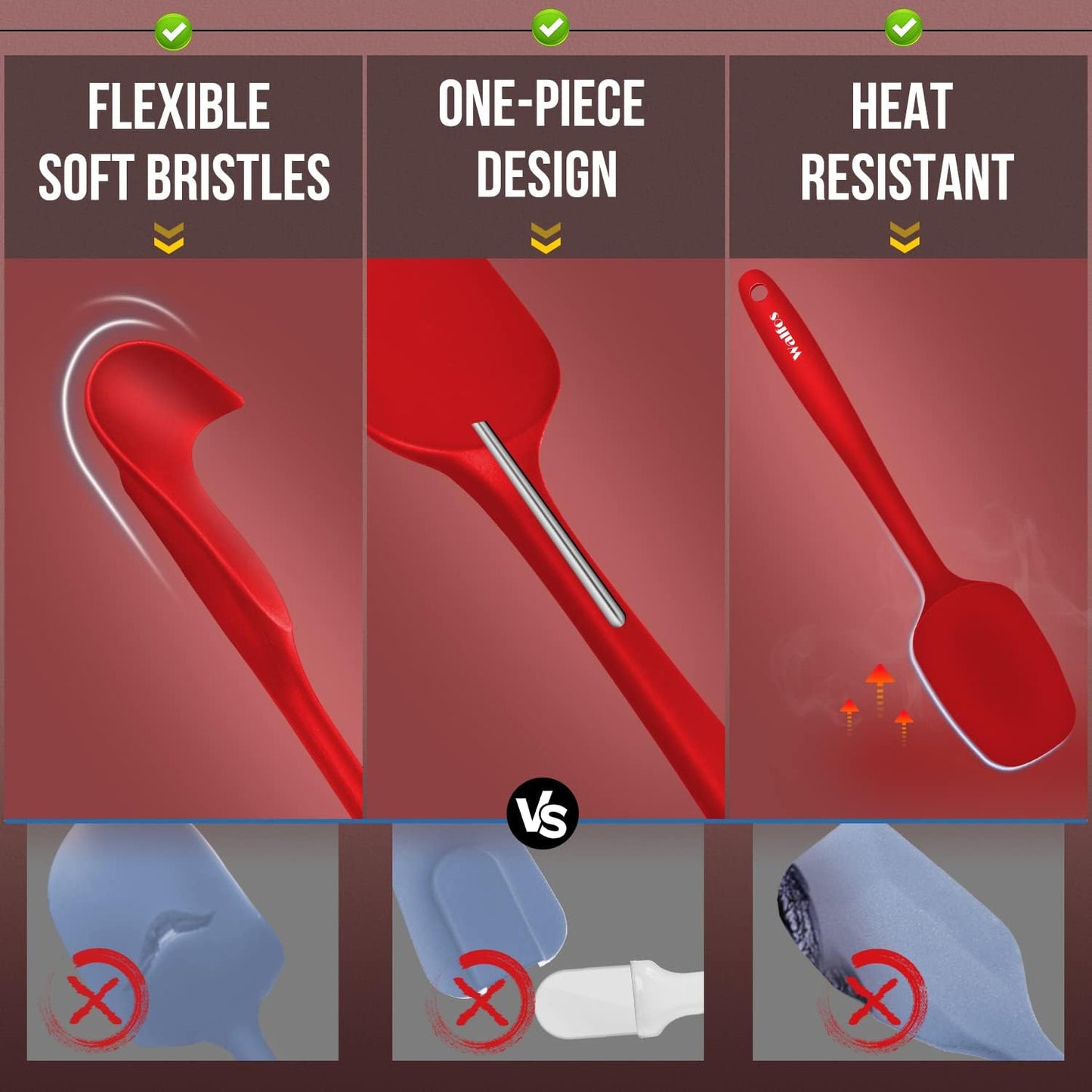 Walfos Silicone Spatula Set of 5-600°F Heat Resistant Kitchen Scraper Spatulas, Strong Steel Core and One-Pieces Seamless Design, Great for Cooking Mixing & Baking - BPA Free & Dishwasher Safe (Red)