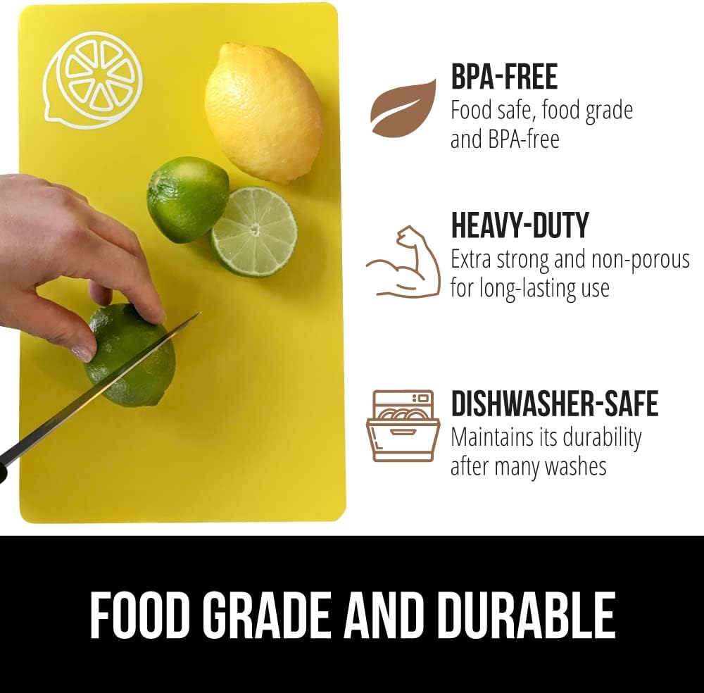 GORILLA GRIP 100% BPA-Free Flexible Cutting Board Set of 4, Durable Plastic Mats with Food Icons for Meal Prepping, Large Kitchen Chopping Mat, Use for Meat Fish Vegetables Fruit, 15x12, Multicolor