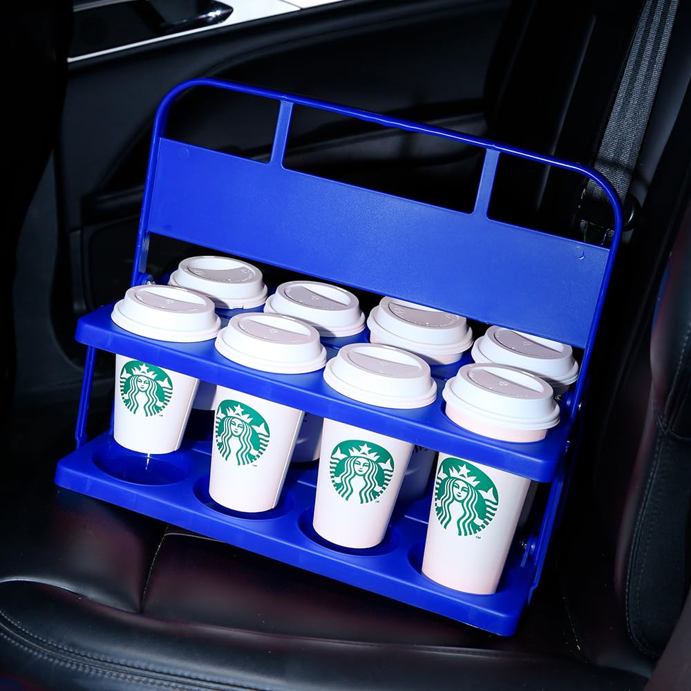 Bodaon 8 Cup Drink Carrier with Handle, Plastic Cup Carriers for Drinks, Drink Holder for Car, GrubHub/Eats Doordash Accessories, Portable Foldable Reusable Mobile, Use for Food Delivery Bag, Blue