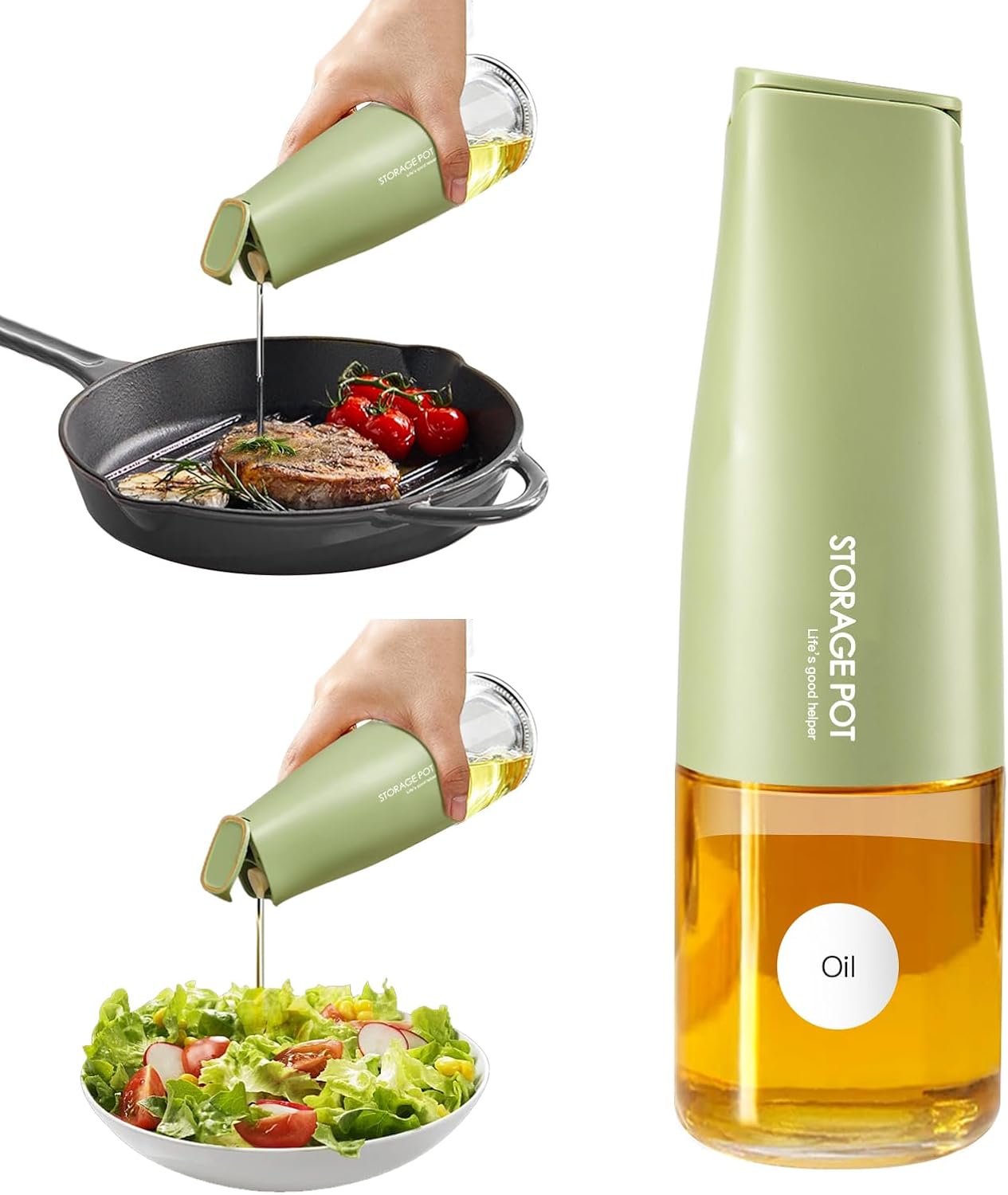 YARRAMATE Large Capacity Aesthetic Olive Oil Dispenser for Kitchen, 500ml /17oz Cooking Glass Vinegar Drizzler, Leak Proof Oil Bottle, Non-Drip Soy Sauce Dispenser, Oil Pourer & Labels(Green)