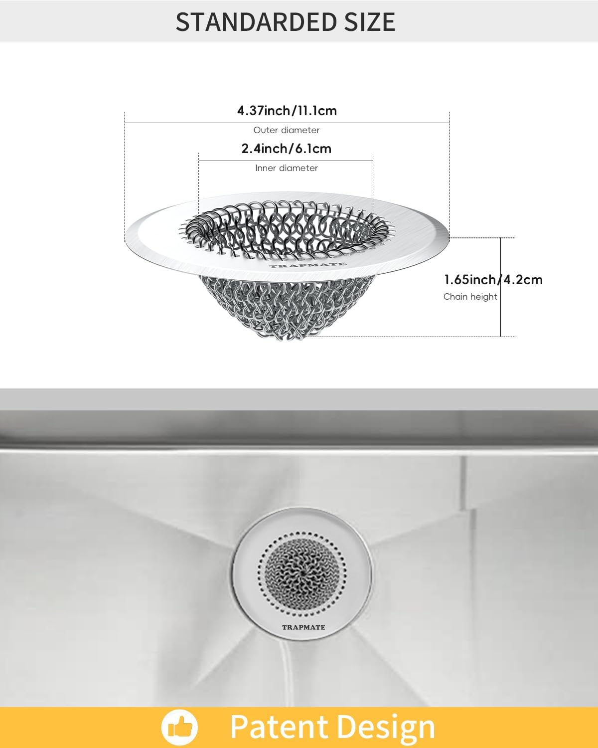 TRAPMATE 2 Pcs Kitchen Sink Strainer, Easy Clean Sink Drain Strainer, Anti-Rust Stainless Steel Sink Strainer, Anti-Clogging Strainer for Garbage Disposal, Dishwasher Safe (Patented Product)