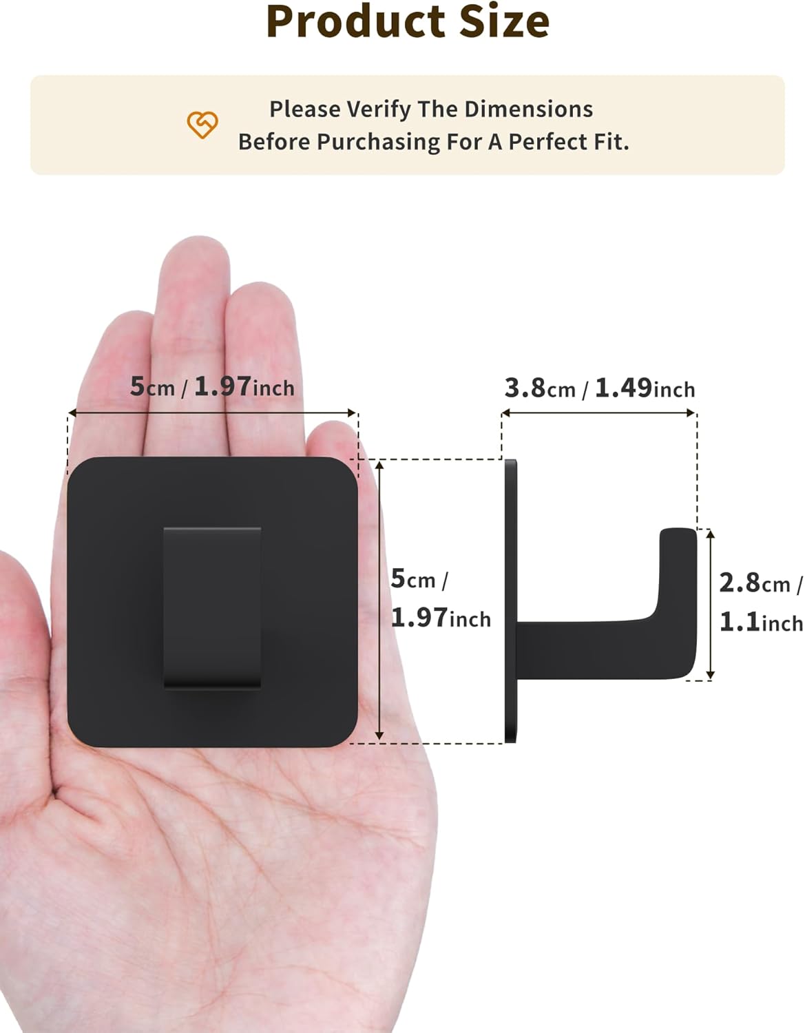 Square Self Adhesive Towel Hooks - 6 Pack Matte Black Metal Hooks, Right-Angle Design for Towels, Robes & Hats, Organize Bathroom, Kitchen, Entryway, Doors, Cabinets on Smooth Surfaces