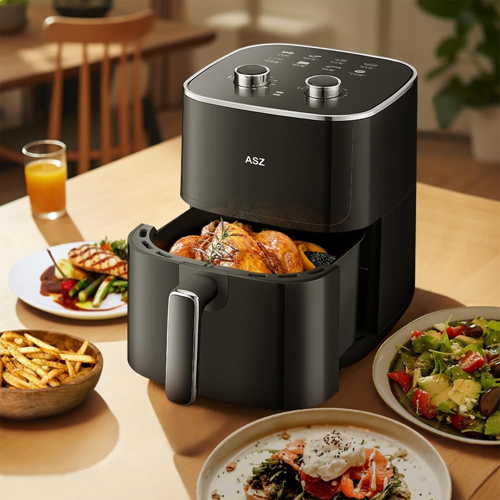 ASZ 5qt Air Fryer Compact Knob Black for dorm office - 4.7L Airfryer with Window 1400W Visual Basket - Non-Stick Pan, Manuel Control Max 60s Timer & 400℉ Kitchen Airfry Countertop Gift