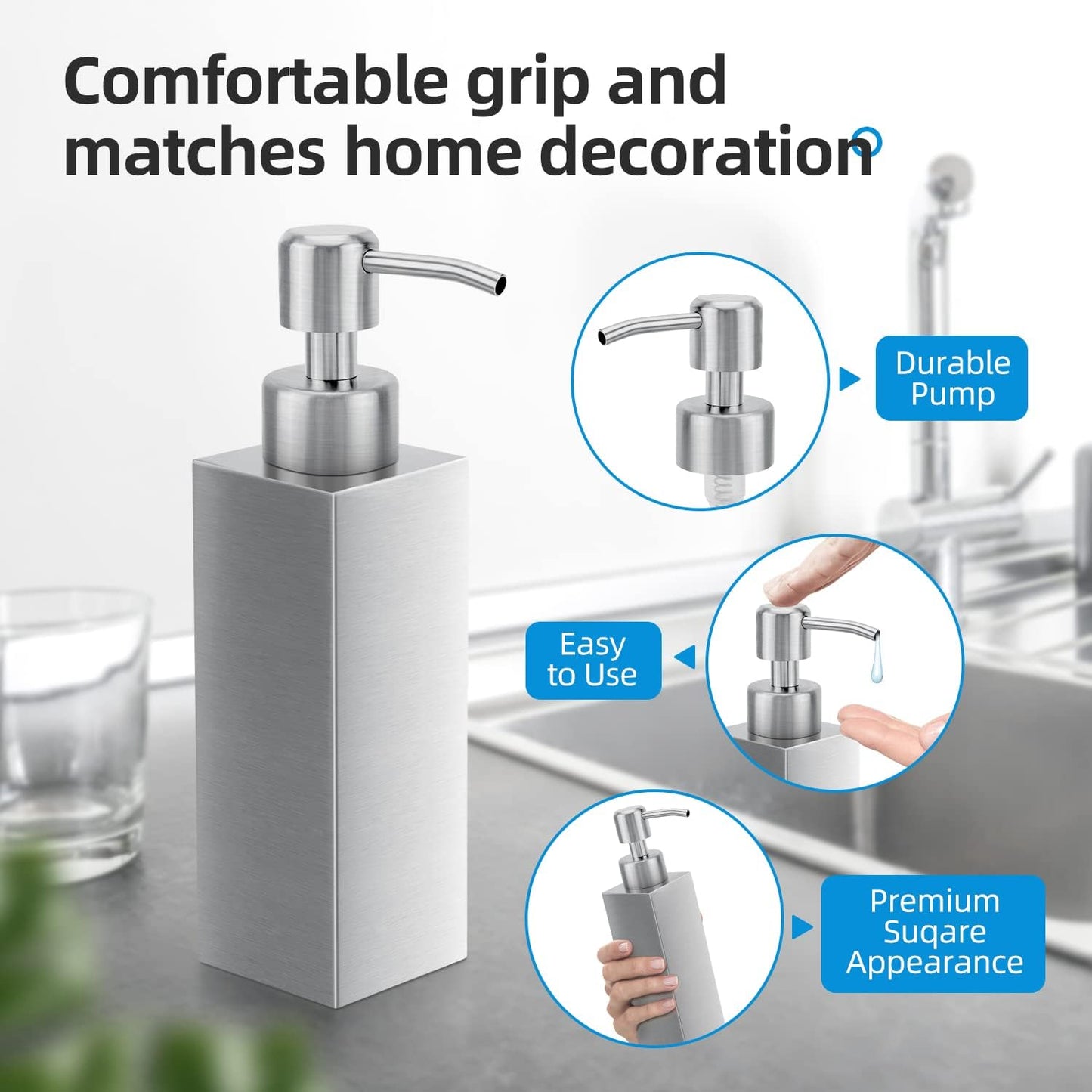 Soap Dispenser with Rust Proof Stainless Steel Pump Refillable for Bathroom and Kitchen Soap Dispenser for Essential Oils, Liquid, Lotions (8.5OZ / 250ML)