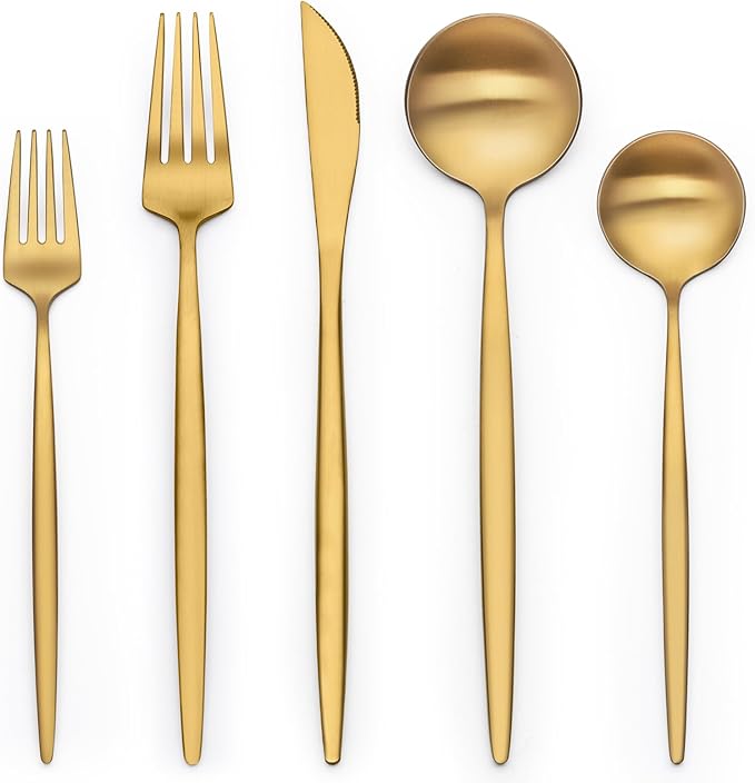 20 Piece Gold Silverware Set for 4, Terlulu Stainless Steel Flatware Set, Gold Cutlery Set Utensils Set, Tableware Include Forks Knives Spoons for Home Kitchen Restaurant Wedding, Satin Finish
