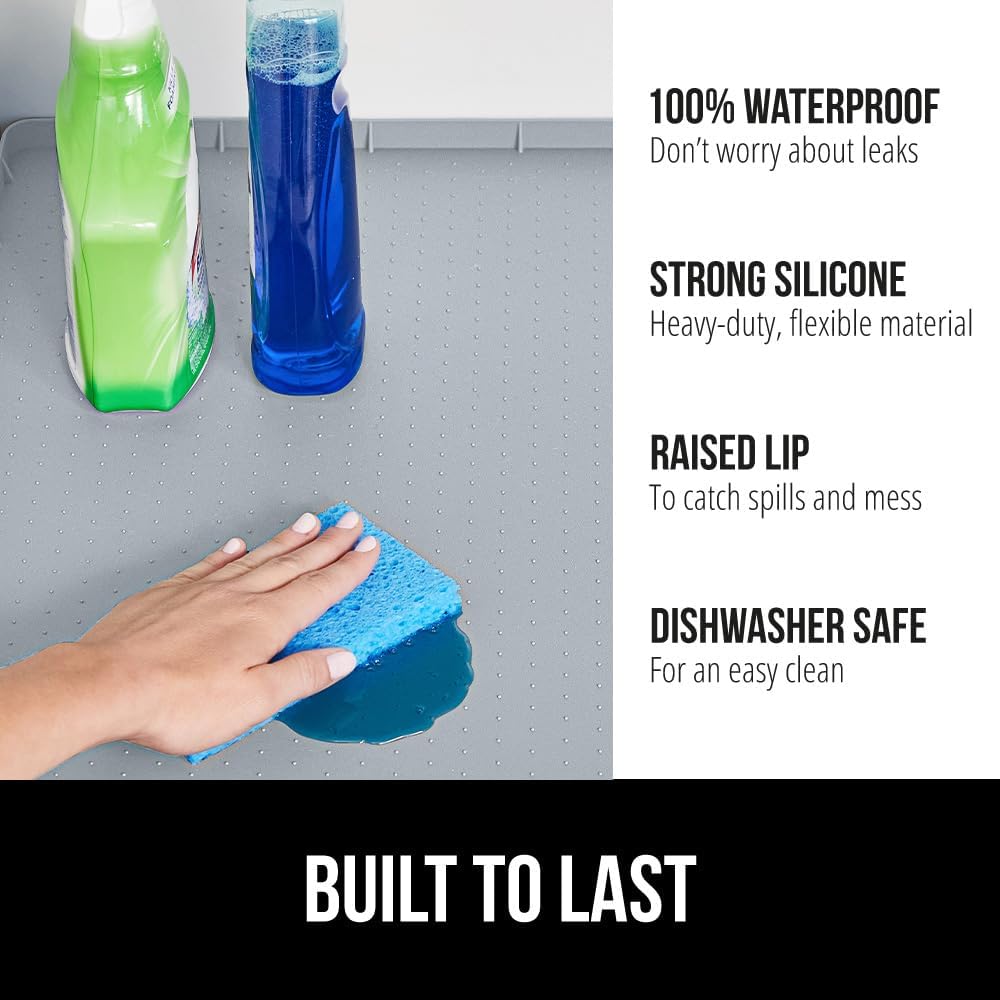 GORILLA GRIP Waterproof Silicone Under Sink Mat with Raised Lip for Kitchen and Bathroom, 28 x 22 in, Cabinet Shelf Liner Stay in Place Mats Dishwasher Safe Drawer Liner, Organizer Tray, Light Grey
