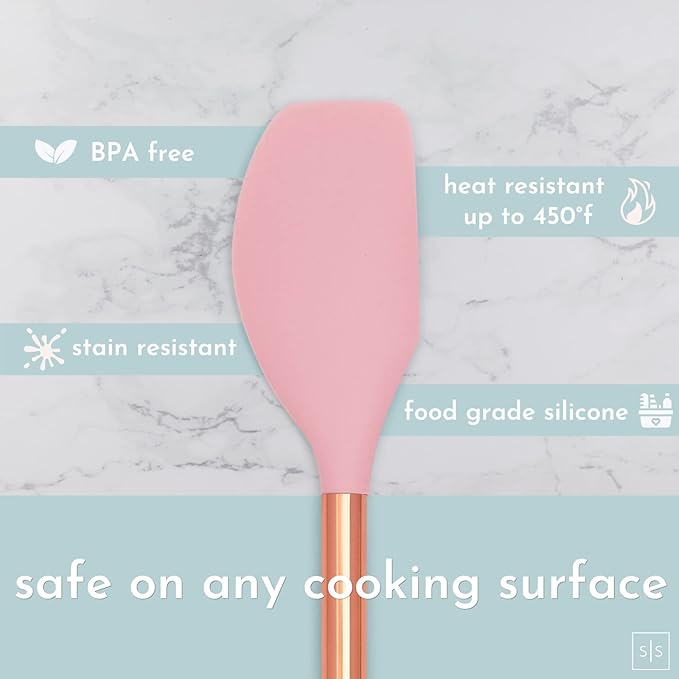 Copper and Pink Kitchen Utensils Set - 17-Piece Silicone Cooking Tools with Copper Utensil Holder and Pink Measuring Cups and Spoons for Baking and Everyday Cooking - Stylish Kitchen Accessories