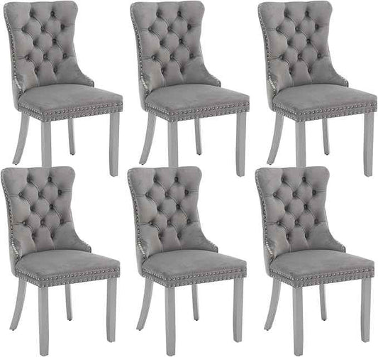 Velvet Dining Chairs Set of 6, Kitchen & Dining Room Chairs, Upholstered Dining Chairs with Back Ring Pull and Silver Solid Wood Legs, Modern Tufted Kitchen Chairs for Dining Room, Light Grey