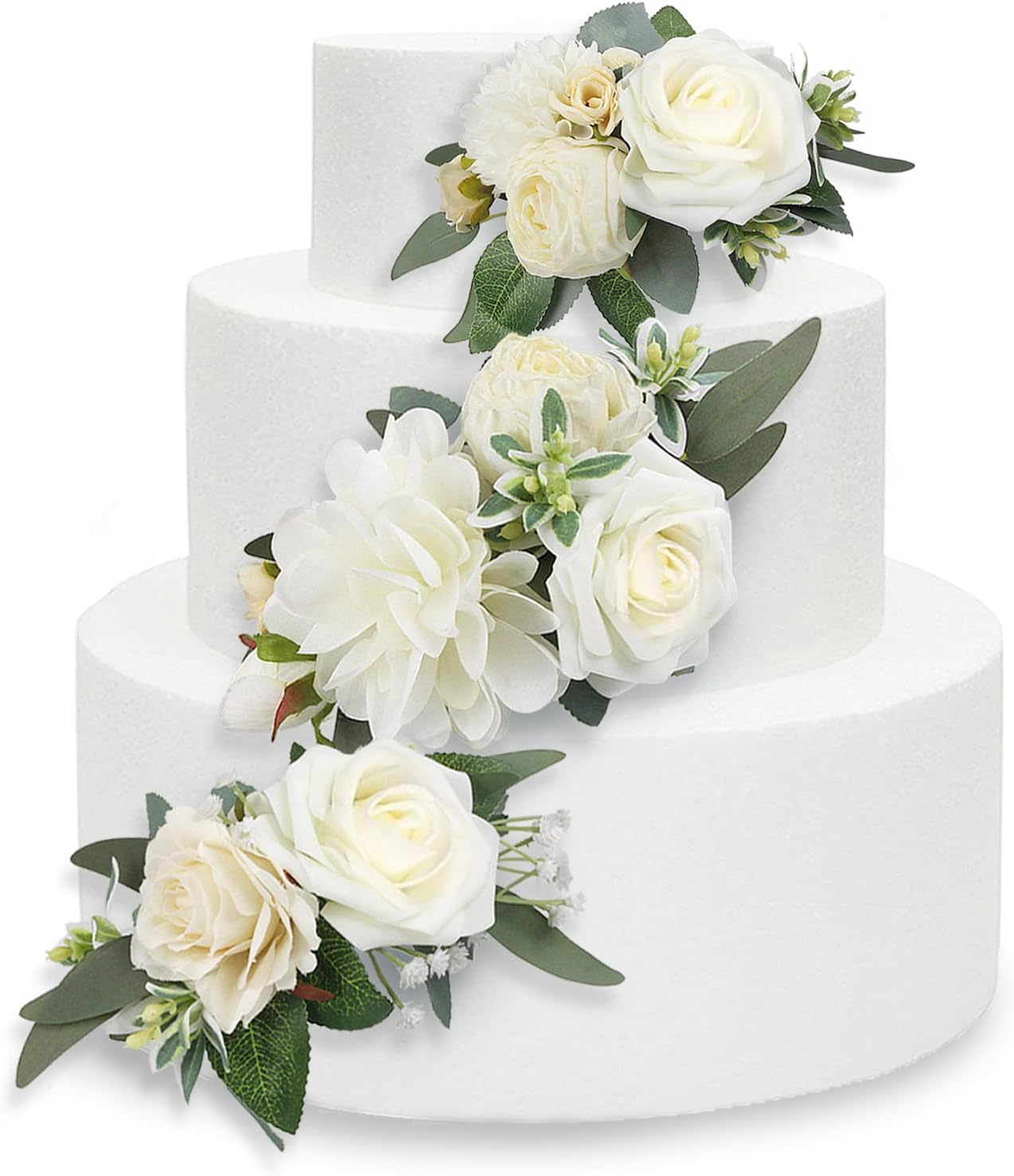 Rinlong 3Pcs Pre-made Cake Flowers Toppers White Green Cake Decorations Wedding Cake Decorating Flowers Decor Birthday Baptism Party Cake Topper
