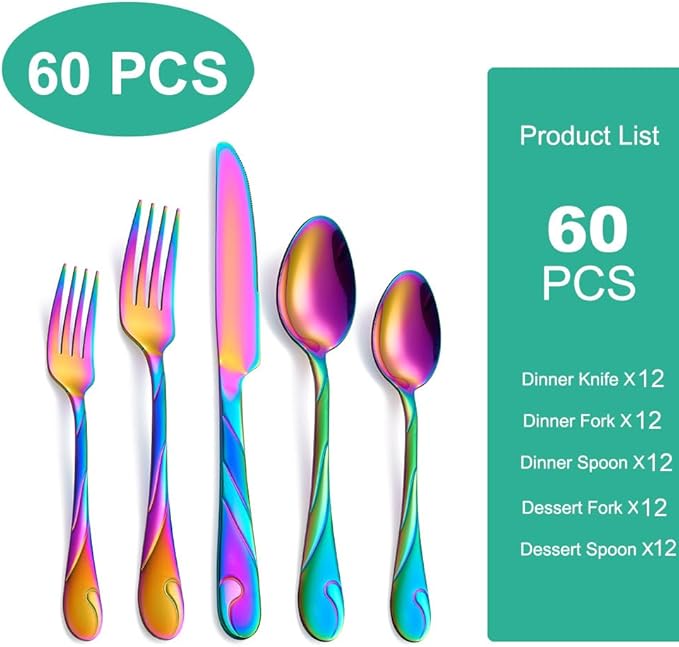 Rainbow Silverware Set for 12, 60-Piece Stainless Steel Flatware Set, Shiny Rainbow Metal Cutlery Set, Include Fork, Knife and Spoon Set, Dishwasher Safe