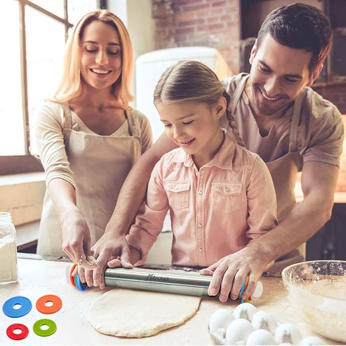Rolling Pin and Silicone Baking Pastry Mat Set, Stainless Steel Dough Roller, Rolling Pins with Adjustable Thickness Rings, for Baking Fondant, Pizza, Pie, Pastries, Pasta, Cookies